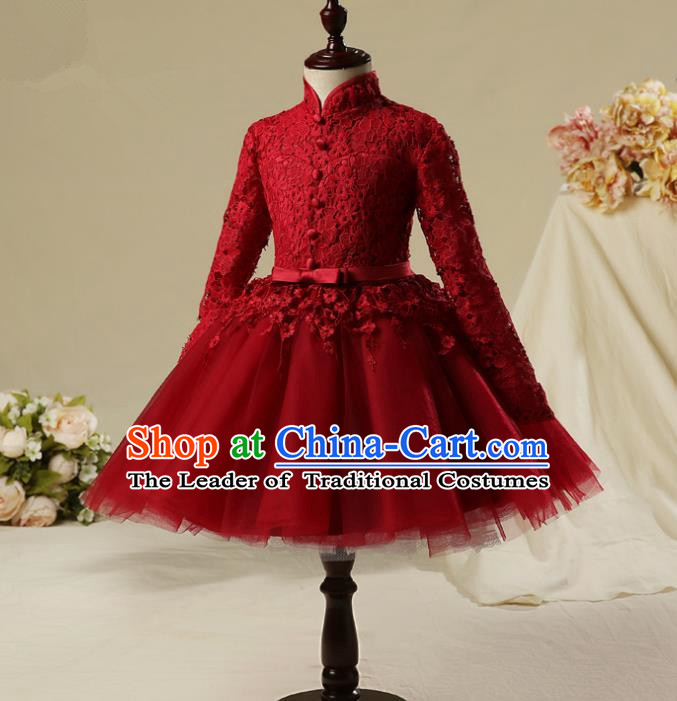 Top Compere Performance Catwalks Costume Children Chorus Red Dress with Wings Modern Dance Princess Short Red Bubble Dress for Girls Kids