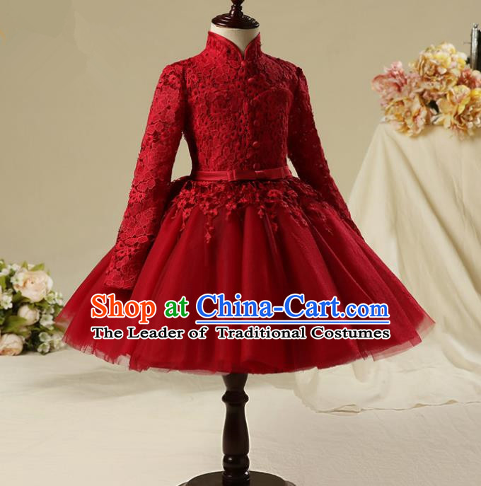 Top Compere Performance Catwalks Costume Children Chorus Red Dress with Wings Modern Dance Princess Short Red Bubble Dress for Girls Kids