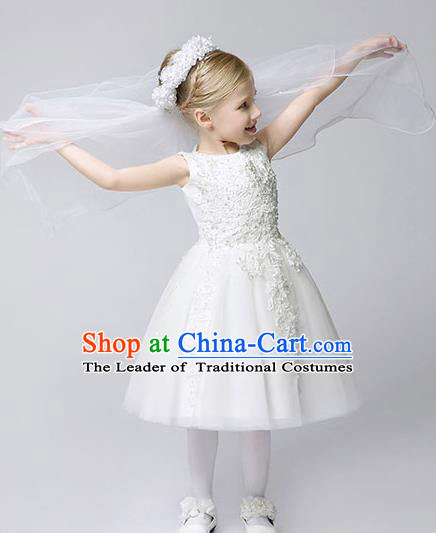 Children Modern Dance Costume White Embroidery Bubble Dress, Ceremonial Occasions Model Show Princess Veil Full Dress for Girls