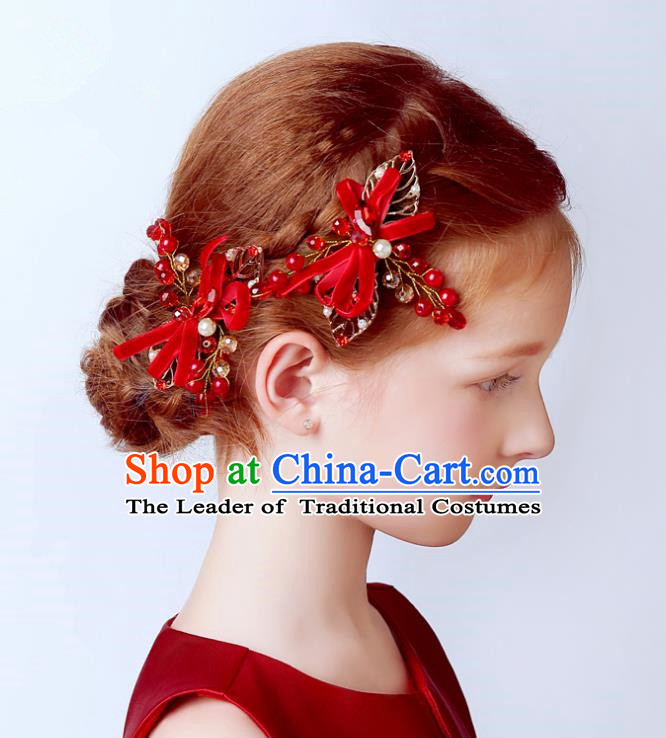 Handmade Children Hair Accessories Red Bowknot Pearls Hair Stick, Princess Halloween Model Show Headwear for Kids
