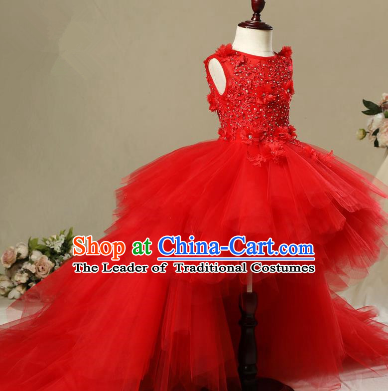 Top Compere Performance Catwalks Costume Children Chorus Red Dress with Wings Modern Dance Princess Short Red Bubble Dress for Girls Kids