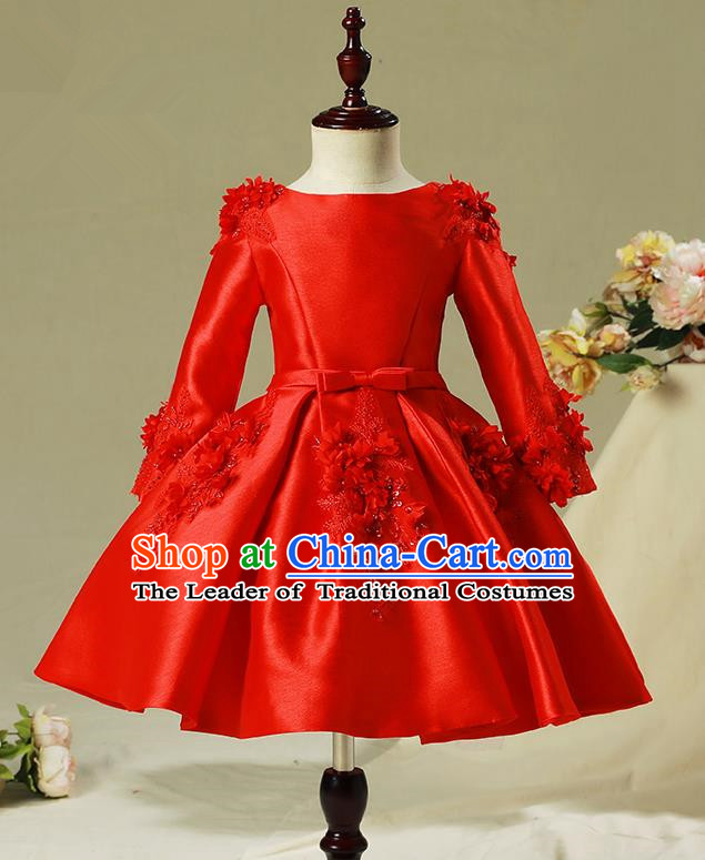 Children Model Show Dance Costume Red Embroidered Dress, Ceremonial Occasions Catwalks Princess Full Dress for Girls