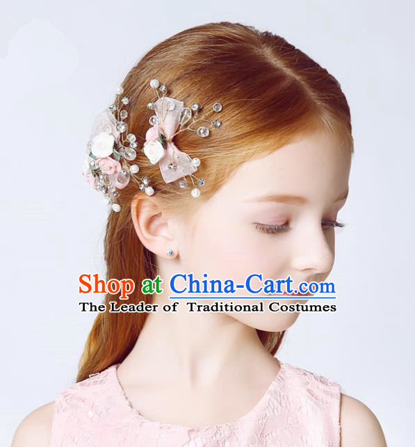 Handmade Children Hair Accessories Pink Flowers Bowknot Hair Clasp, Princess Halloween Model Show Headwear for Kids