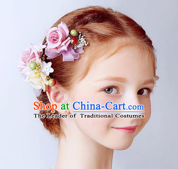 Handmade Children Hair Accessories Pink Flowers Hair Claw, Princess Halloween Model Show Hair Stick Headwear for Kids