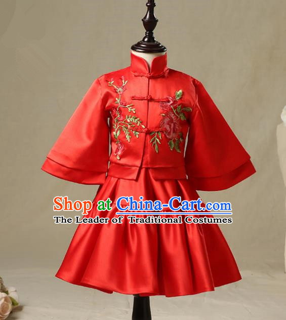 Children Model Show Dance Costume China Red Xiuhe Suit, Ceremonial Occasions Catwalks Princess Cheongsam for Girls