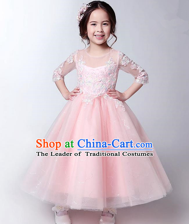 Children Model Show Dance Costume Pink Lace Full Dress, Ceremonial Occasions Catwalks Princess Dress for Girls