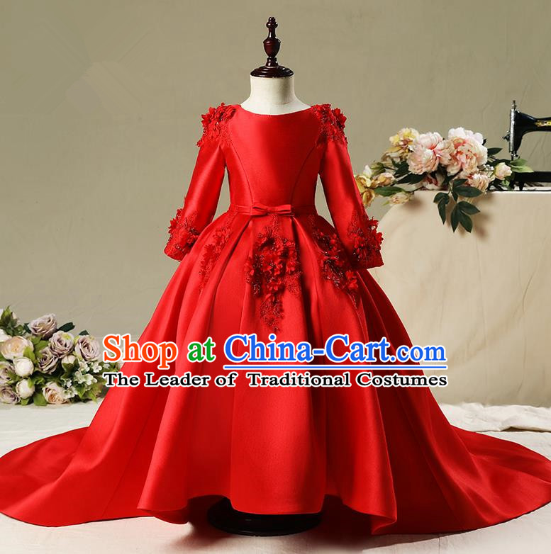 Top Compere Performance Catwalks Costume Children Chorus Red Dress with Wings Modern Dance Princess Short Red Bubble Dress for Girls Kids