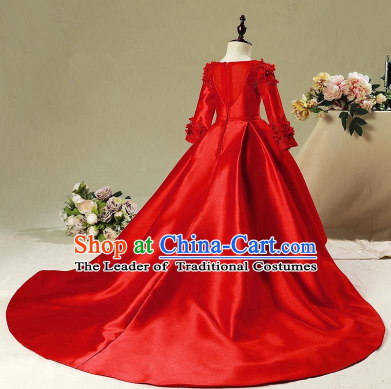 Top Compere Performance Catwalks Costume Children Chorus Red Dress with Wings Modern Dance Princess Short Red Bubble Dress for Girls Kids