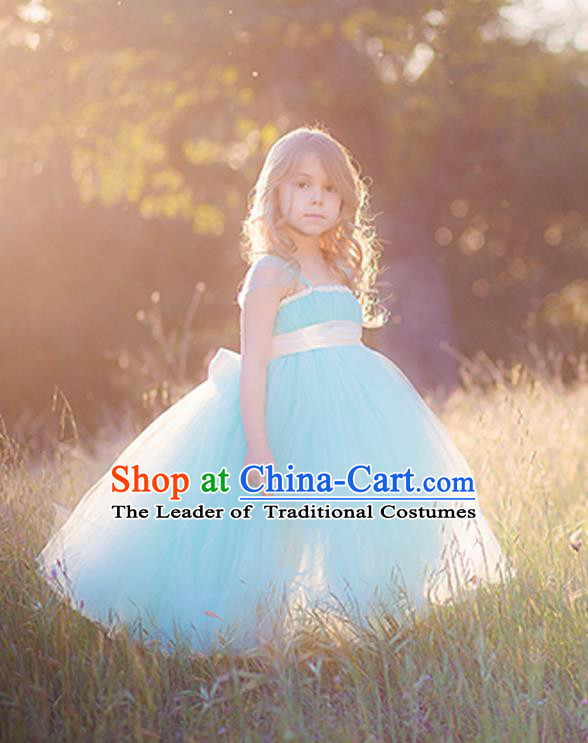 Children Model Show Dance Costume Blue Veil Full Dress, Ceremonial Occasions Catwalks Princess Dress for Girls