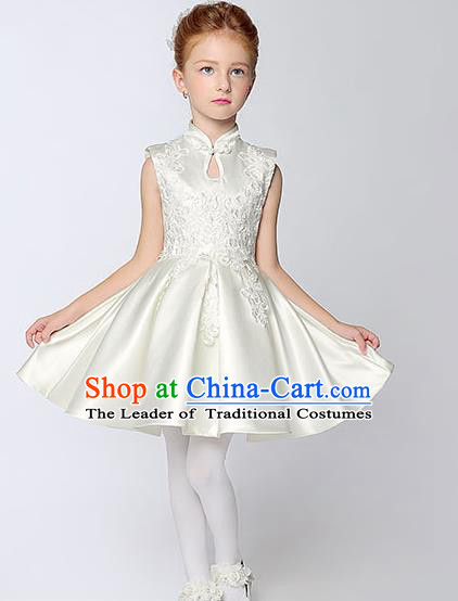 Children Model Show Dance Costume White Satin Cheongsam, Ceremonial Occasions Catwalks Princess Embroidery Dress for Girls