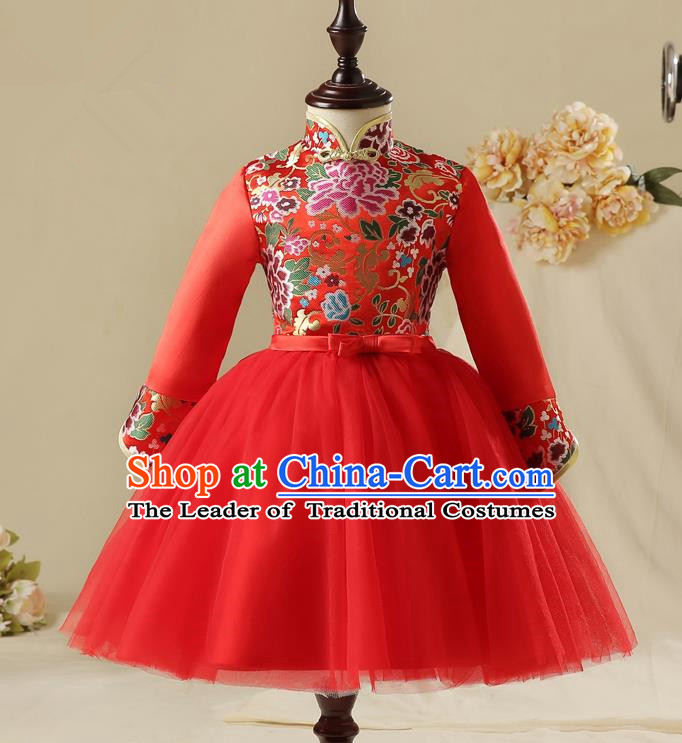 Children Model Show Dance Costume China Red Cheongsam, Ceremonial Occasions Catwalks Princess Embroidery Dress for Girls