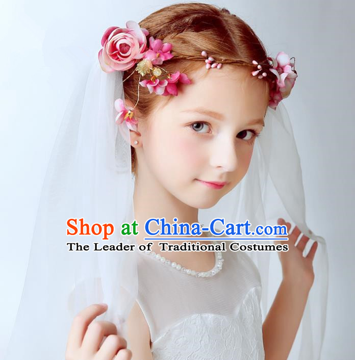 Handmade Children Hair Accessories Pink Flowers Hair Clasp, Princess Halloween Model Show Bridal Veil Headwear for Kids