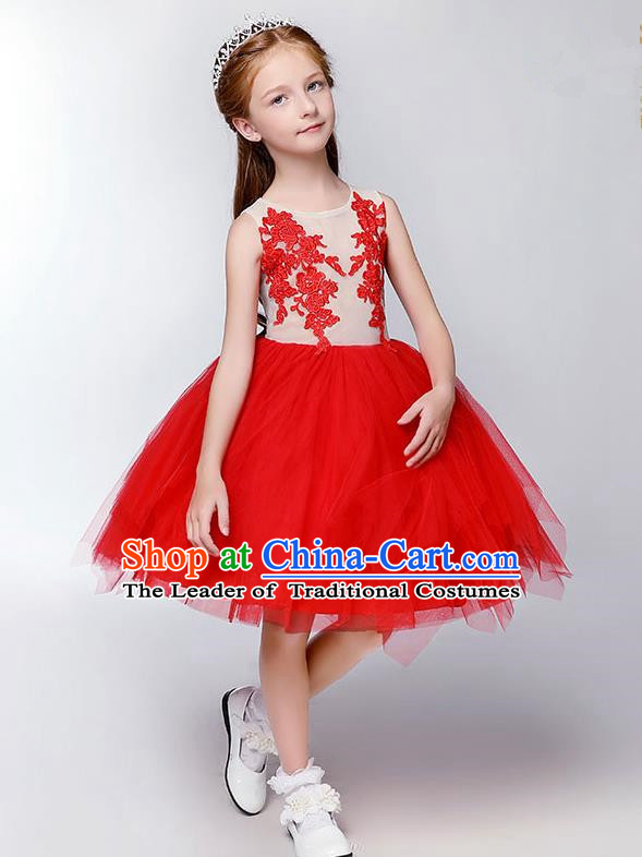 Top Compere Performance Catwalks Costume Children Chorus Red Dress with Wings Modern Dance Princess Short Red Bubble Dress for Girls Kids