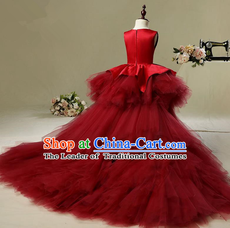 Top Compere Performance Catwalks Costume Children Chorus Red Dress with Wings Modern Dance Princess Short Red Bubble Dress for Girls Kids