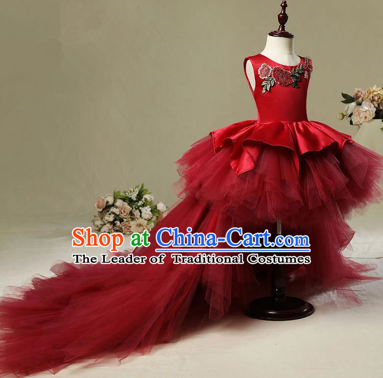 Top Compere Performance Catwalks Costume Children Chorus Red Dress with Wings Modern Dance Princess Short Red Bubble Dress for Girls Kids