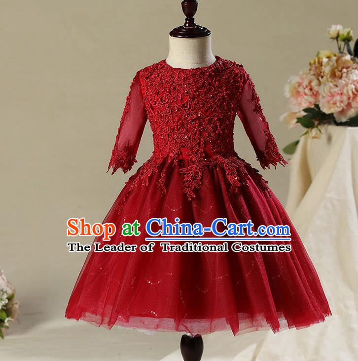 Children Modern Dance Costume Compere Wine Red Veil Embroidery Short Evening Dress Princess Dress for Girls