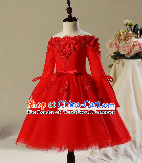 Children Modern Dance Costume Compere Red Veil Embroidery Short Evening Dress Princess Dress for Girls