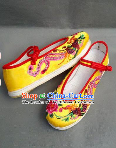 Asian Chinese Shoes Wedding Shoes Yellow Satin Melaleuca Shoes, Traditional China Opera Shoes Hanfu Shoes Embroidered Phoenix Peony Shoes