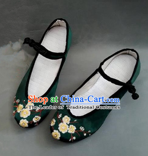 Asian Chinese Shoes Wedding Shoes Handmade Green Embroidered Wintersweet Shoes, Traditional China Princess Shoes Hanfu Become Warped Head Shoe for Women
