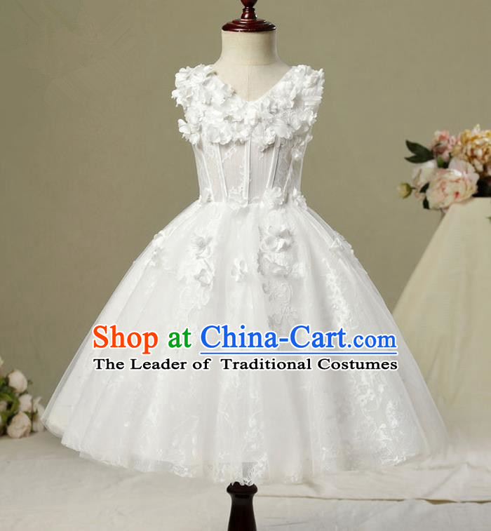Children Modern Dance Costume Compere White Veil Embroidery Evening Dress Princess Bubble Dress for Girls