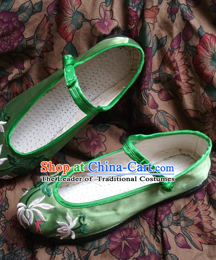 Traditional Chinese National Green Satin Embroidered Shoes, China Handmade Shoes Hanfu Embroidery Shoes for Women