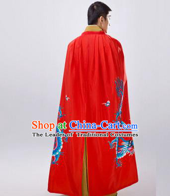 Traditional Ancient Chinese Manchu Prince Costume Long Red Cloak, Asian Chinese Qing Dynasty Royal Highness Embroidered Mantle Clothing for Men