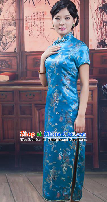 Traditional Ancient Chinese Republic of China Cheongsam, Asian Chinese Chirpaur Peacock Blue Silk Embroidered Qipao Dress Clothing for Women