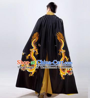 Traditional Ancient Chinese Manchu Prince Costume Long Black Cloak, Asian Chinese Qing Dynasty Royal Highness Embroidered Mantle Clothing for Men