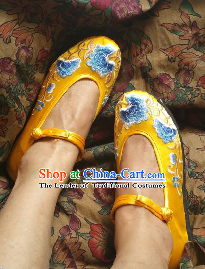 Traditional Chinese National Embroidered Shoes Yellow Satin Shoes, China Handmade Shoes Hanfu Embroidery Shoes for Women