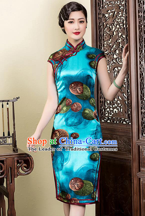 Traditional Chinese National Costume Elegant Hanfu Printing Blue Silk Cheongsam, China Tang Suit Plated Buttons Chirpaur Dress for Women