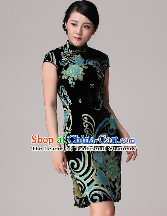 Traditional Chinese National Costume Elegant Hanfu Velvet Green Cheongsam, China Tang Suit Plated Buttons Chirpaur Dress for Women