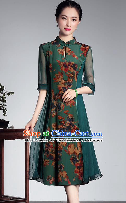 Traditional Chinese National Costume Elegant Hanfu Green Silk Cheongsam, China Tang Suit Plated Buttons Qipao Chirpaur Dress for Women