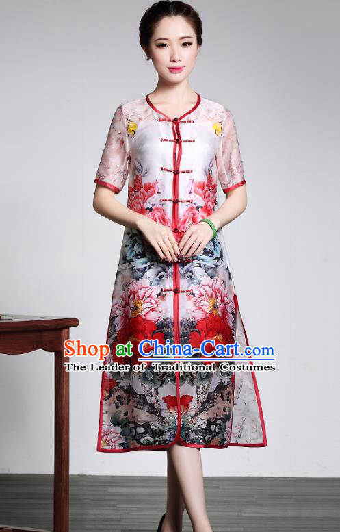 Traditional Chinese National Costume Elegant Hanfu Cheongsam Printing Peony Coat, China Tang Suit Plated Buttons Chirpaur Dust Coat for Women