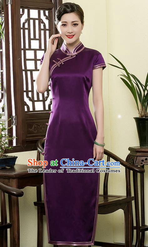 Traditional Chinese National Costume Elegant Hanfu Plated Buttons Purple Silk Qipao Dress, China Tang Suit Cheongsam for Women