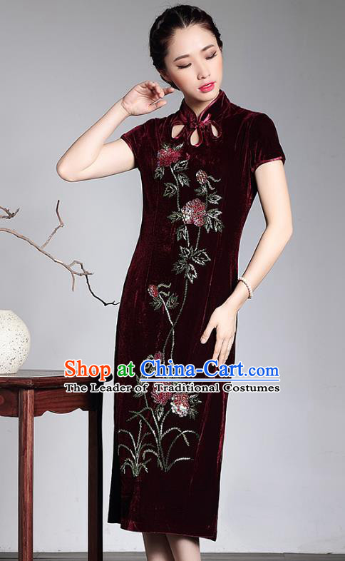 Traditional Chinese National Costume Hanfu Mandarin Qipao Dress, China Tang Suit Red Velvet Cheongsam for Women