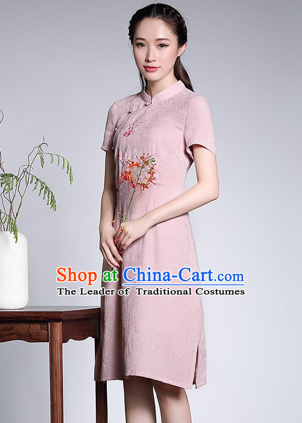 Traditional Chinese National Costume Hanfu Plated Button Pink Linen Qipao Dress, China Tang Suit Cheongsam for Women