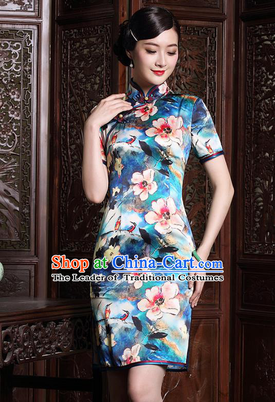 Traditional Chinese National Costume Plated Buttons Qipao, China Tang Suit Chirpaur Full Dress Silk Cheongsam for Women