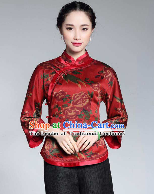Traditional Chinese National Costume Plated Buttons Red Silk Qipao Blouse, Top Grade Tang Suit Shirts Cheongsam Upper Outer Garment for Women