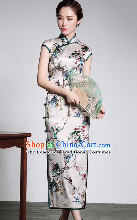 Traditional Chinese National Costume Plated Buttons White Silk Long Qipao Dress, Top Grade Tang Suit Stand Collar Printing Cheongsam for Women