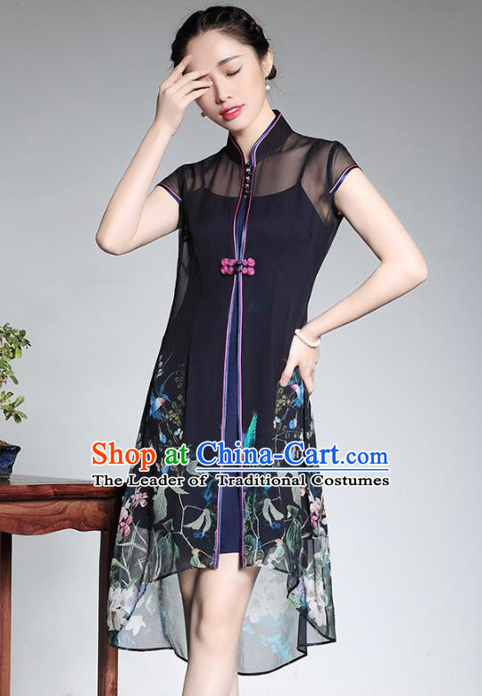 Traditional Chinese National Costume Plated Buttons Printing Silk Qipao Dress, Top Grade Tang Suit Stand Collar Black Cheongsam for Women