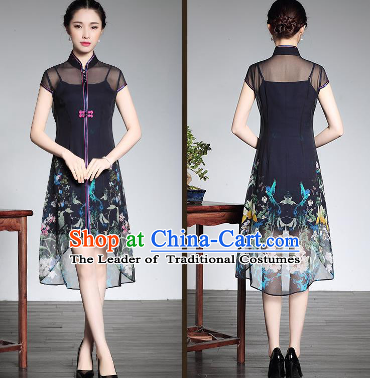 Traditional Ancient Chinese Young Women Cheongsam Dress Republic of China Tangsuit Stand Collar Blouse Dress Tang Suit Clothing for Women