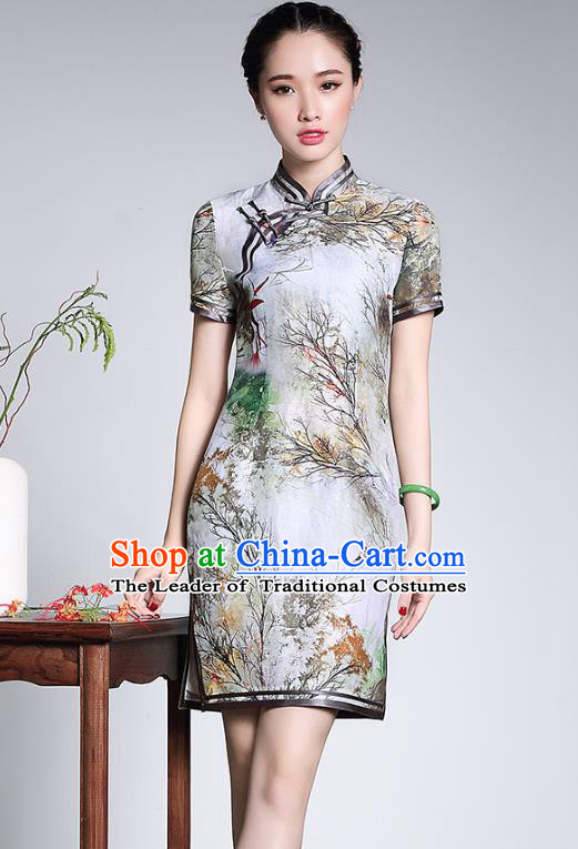 Traditional Chinese National Costume Qipao Printing Lotus Silk Dress, Top Grade Tang Suit Stand Collar Cheongsam for Women