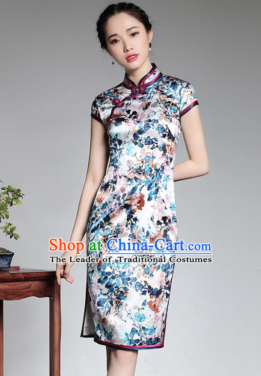 Traditional Chinese National Costume Printing Silk Short Qipao, Top Grade Tang Suit Stand Collar Cheongsam Dress for Women