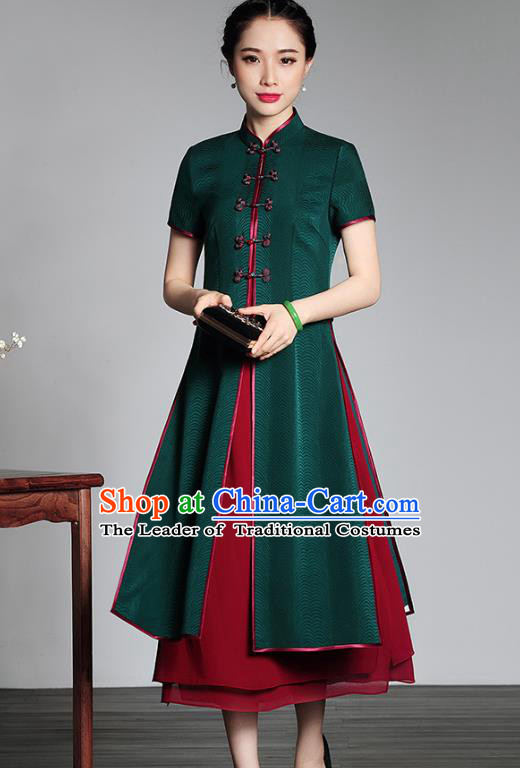 Traditional Chinese National Costume Green Silk Qipao and Dust Coat, Top Grade Tang Suit Stand Collar Cheongsam Dress for Women