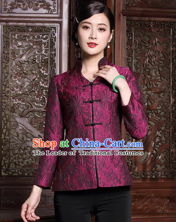 Traditional Ancient Chinese Young Lady Purple Cheongsam Coat, Republic of China Stand Collar Jacket Tang Suit Clothing for Women
