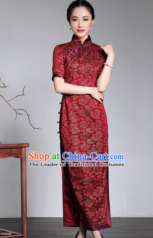 Traditional Ancient Chinese Young Lady Plated Buttons Silk Cheongsam, Asian Republic of China Red Lace Qipao Tang Suit Dress for Women