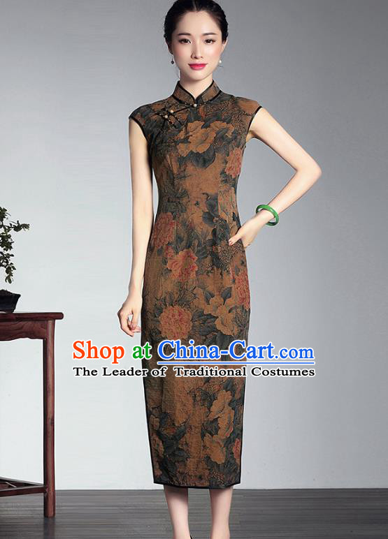 Traditional Ancient Chinese Young Lady Plated Buttons Watered Gauze Printing Cheongsam, Asian Republic of China Qipao Tang Suit Dress for Women