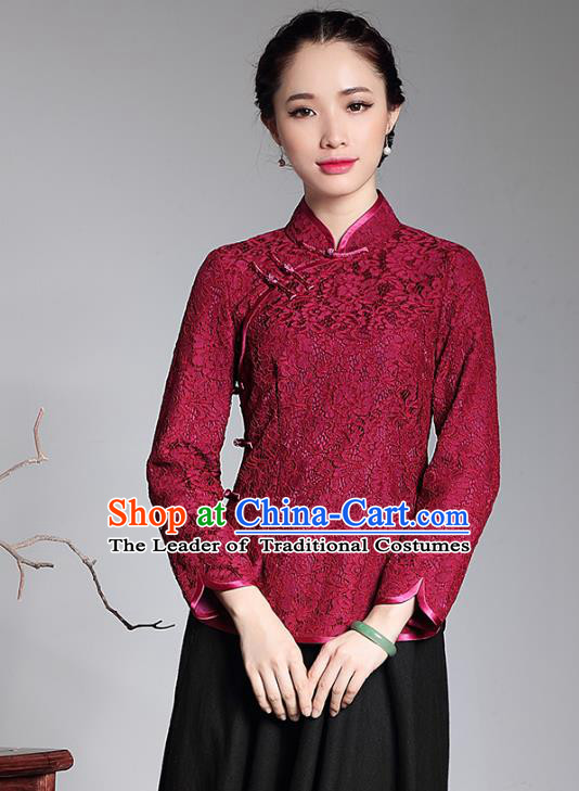 Traditional Ancient Chinese Young Lady Plated Buttons Red Lace Cheongsam Blouse, Asian Republic of China Qipao Shirts Tang Suit Dress for Women