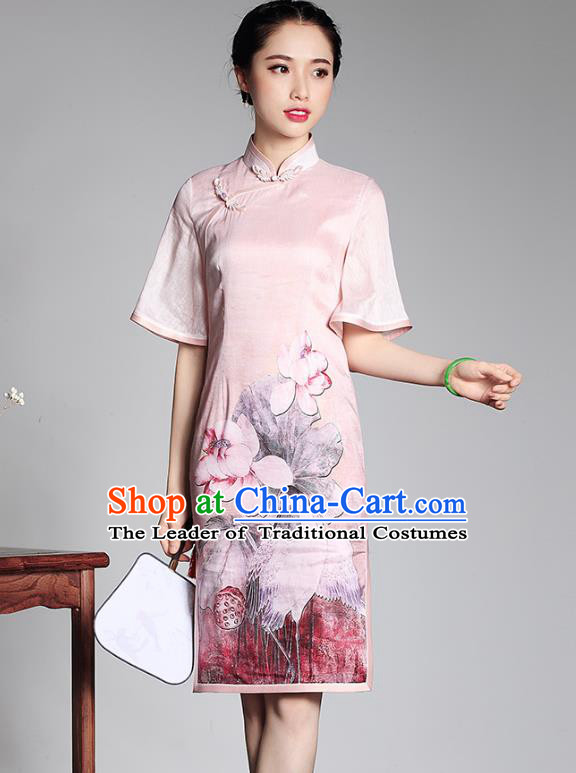 Traditional Ancient Chinese Young Lady Plated Buttons Printing Cheongsam, Asian Republic of China Pink Silk Qipao Tang Suit Dress for Women