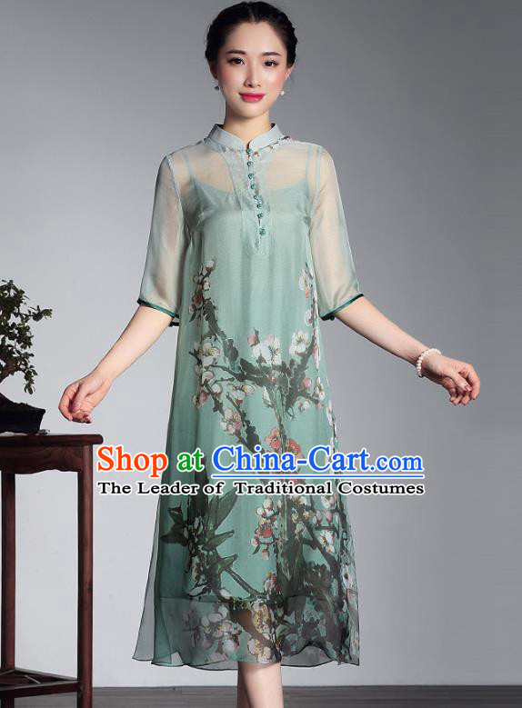 Traditional Ancient Chinese Young Lady Plated Buttons Printing Cheongsam, Asian Republic of China Green Silk Qipao Tang Suit Dress for Women